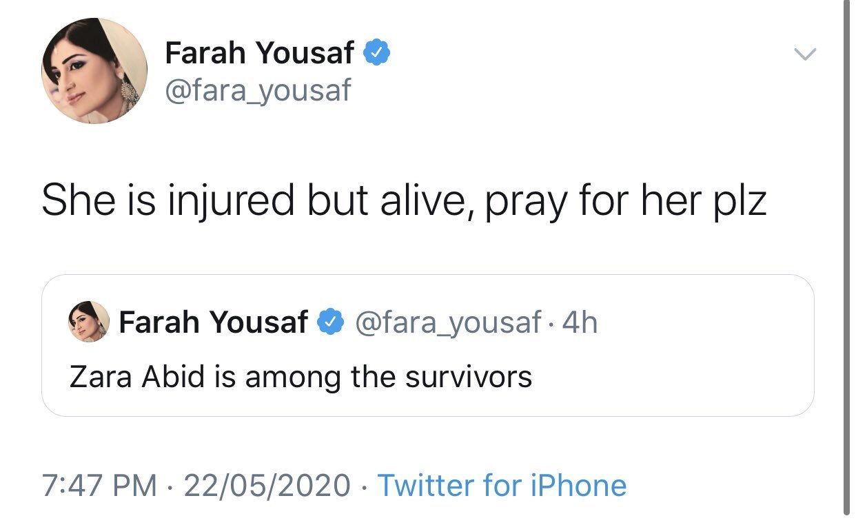 farah yousaf twitter update on zara abid